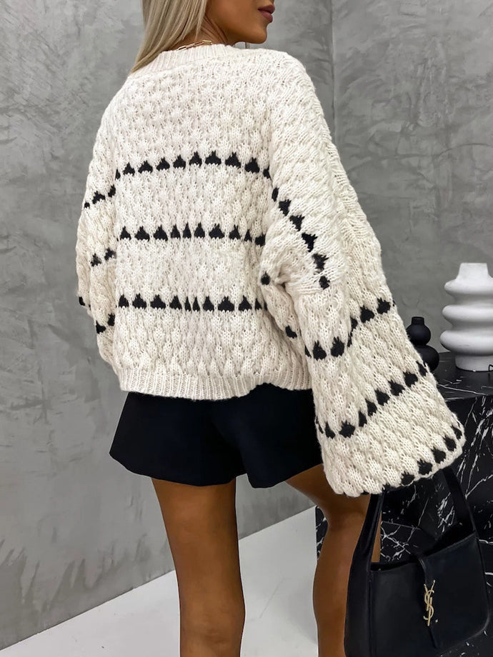 Crew Neck Two-Tone Decor Casual Sweater