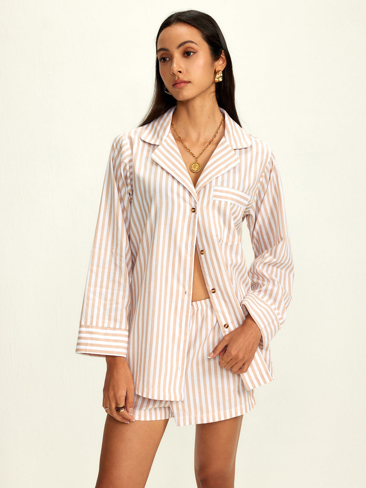 Cotton Blends Lapel Pinstripe Shorts Set