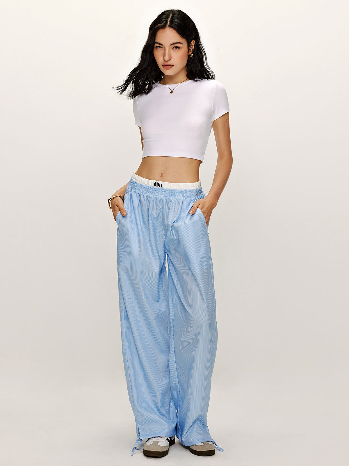 Patchwork Pinstripe Wide-Leg Pants