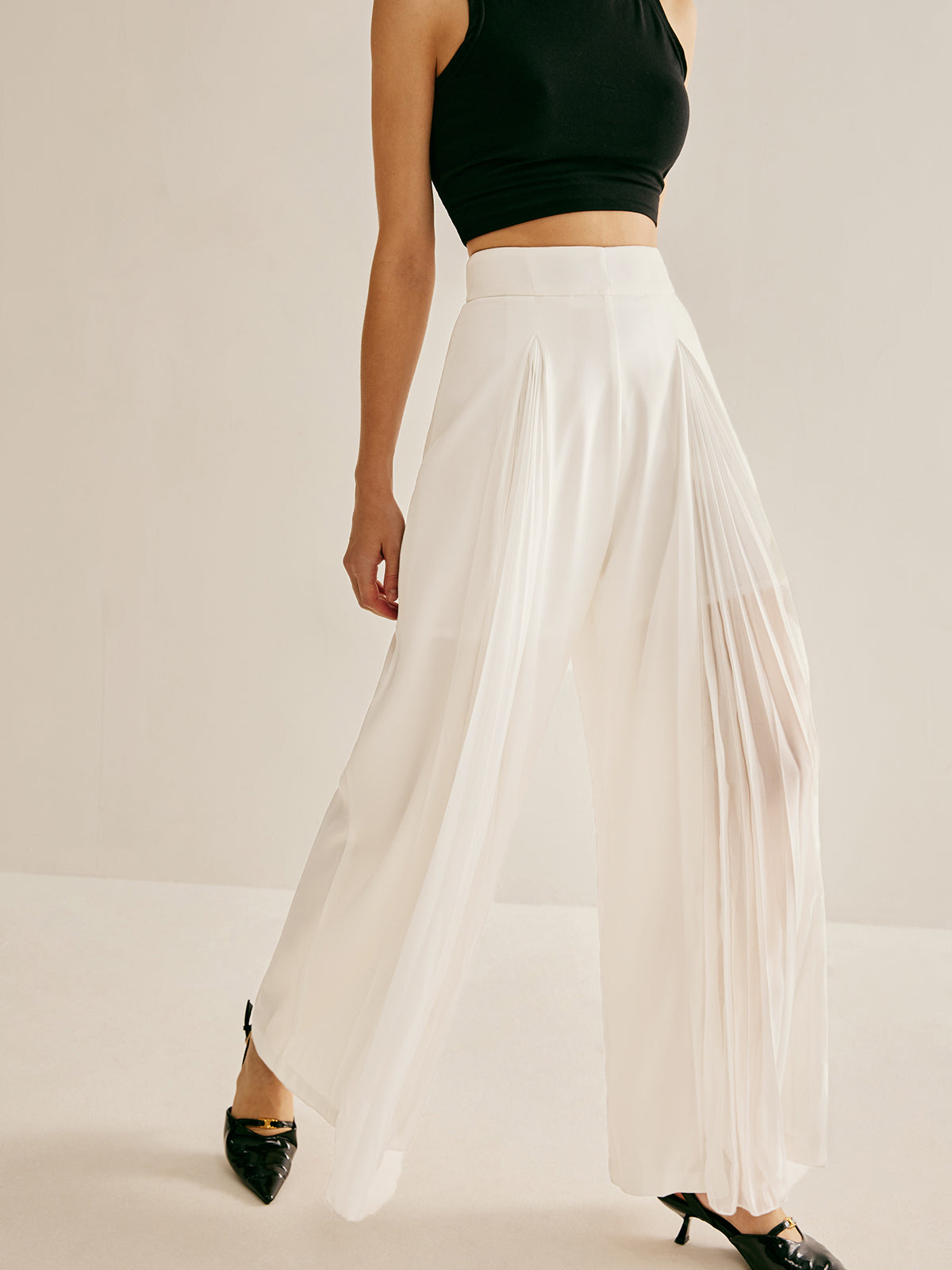 Pleated Zipper Semi-Sheer Pants