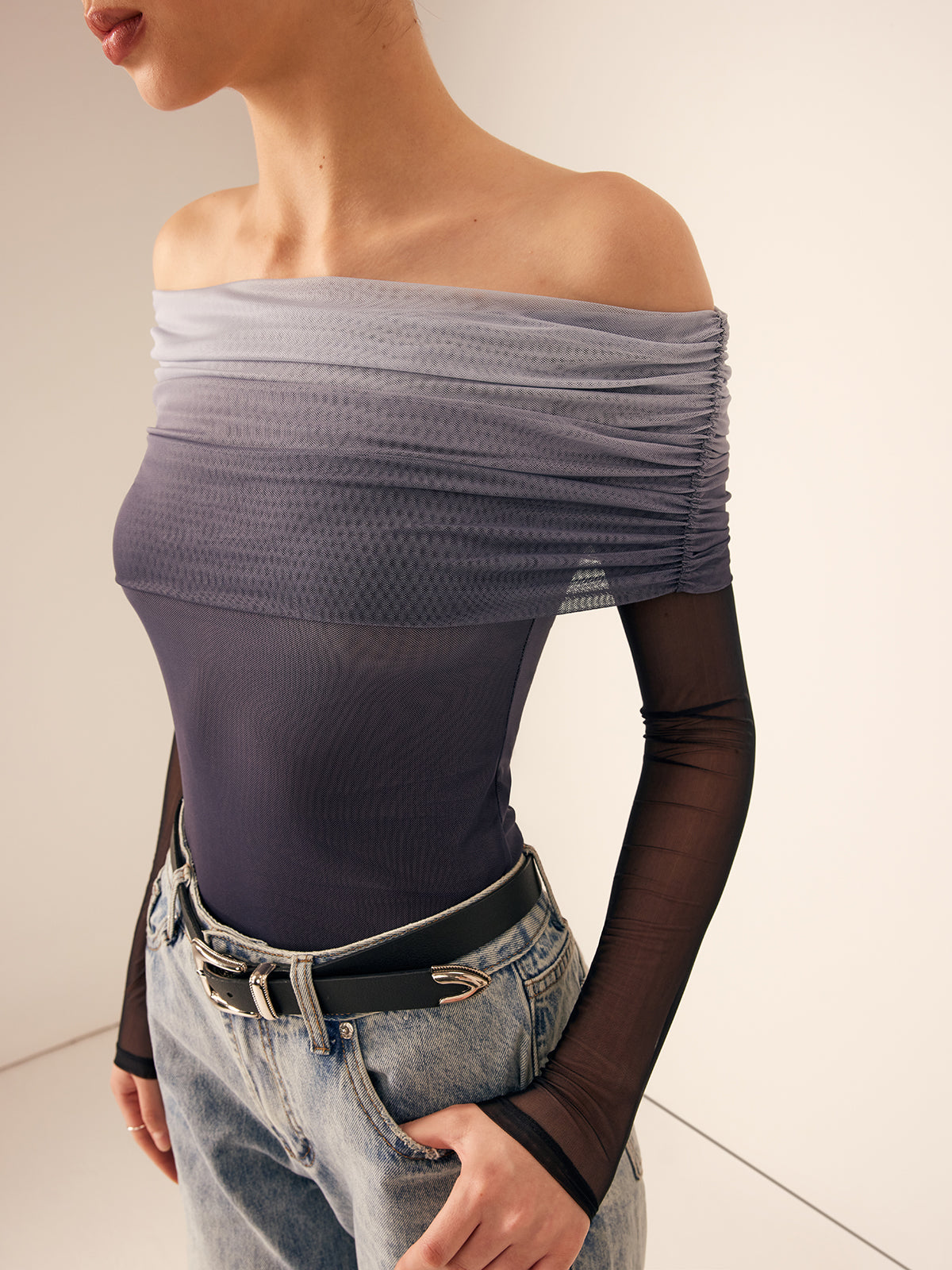 Ağ Mesh Lisa Off Shoulder Ombre Bluz