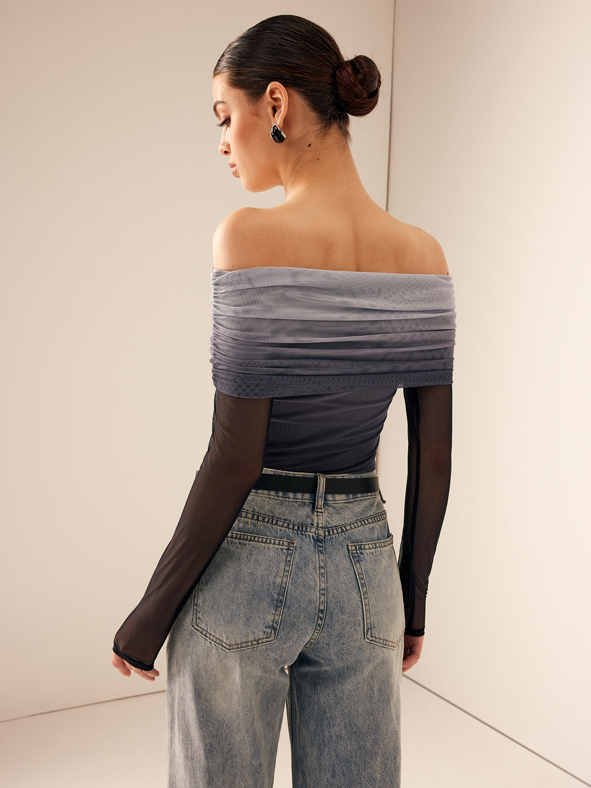 Ağ Mesh Lisa Off Shoulder Ombre Bluz