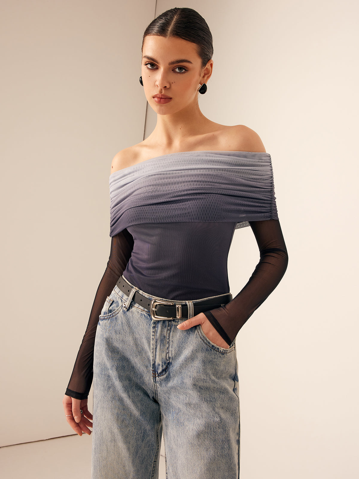 Ağ Mesh Lisa Off Shoulder Ombre Bluz