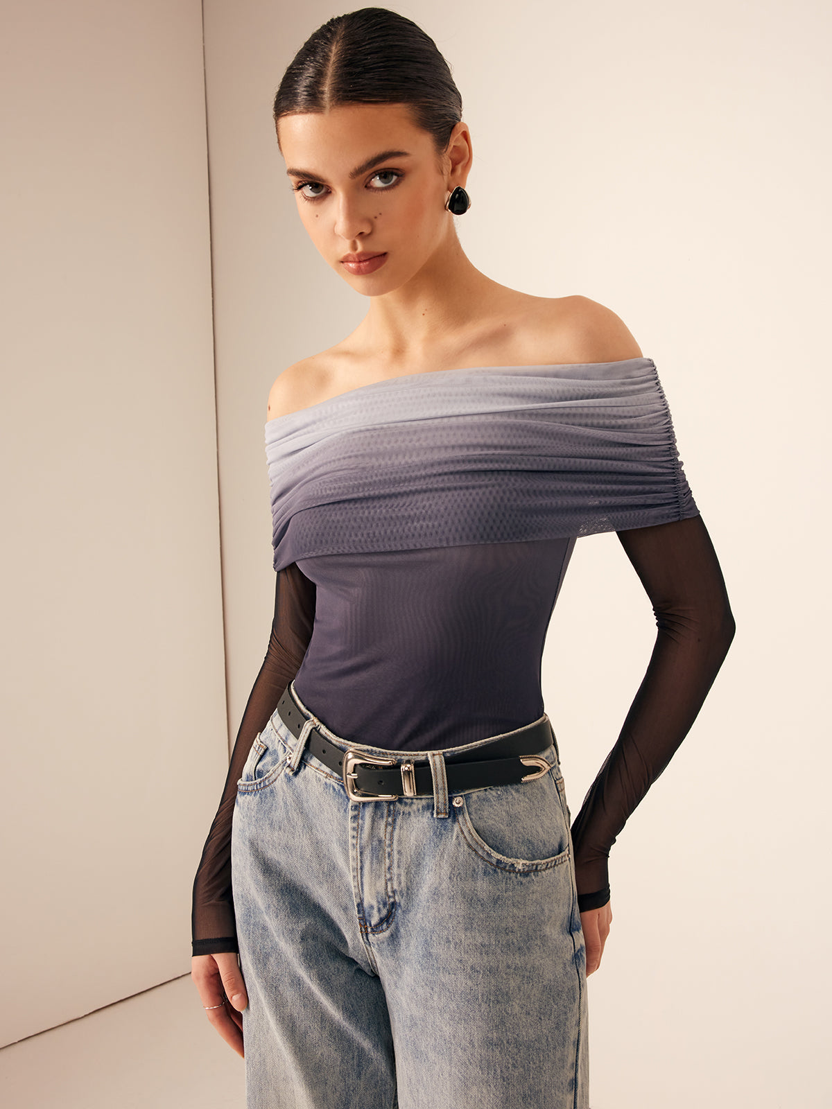 Ağ Mesh Lisa Off Shoulder Ombre Bluz