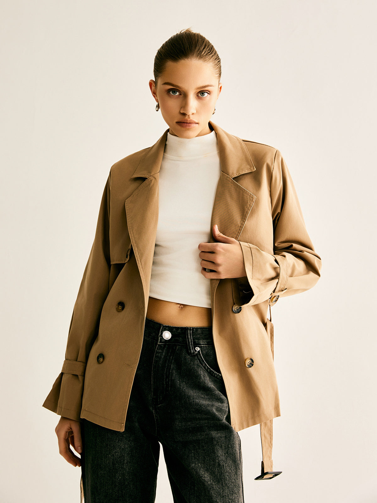 Lapel Buckle-Belted Trench Coat