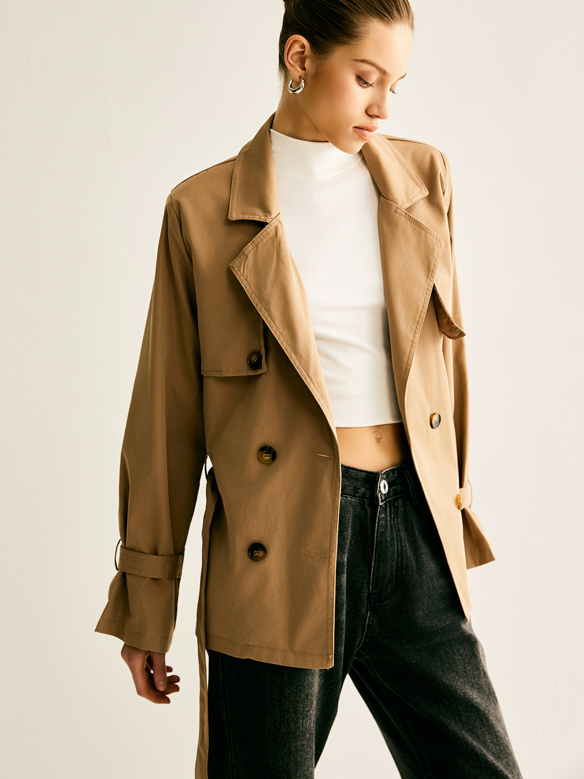 Lapel Buckle-Belted Trench Coat