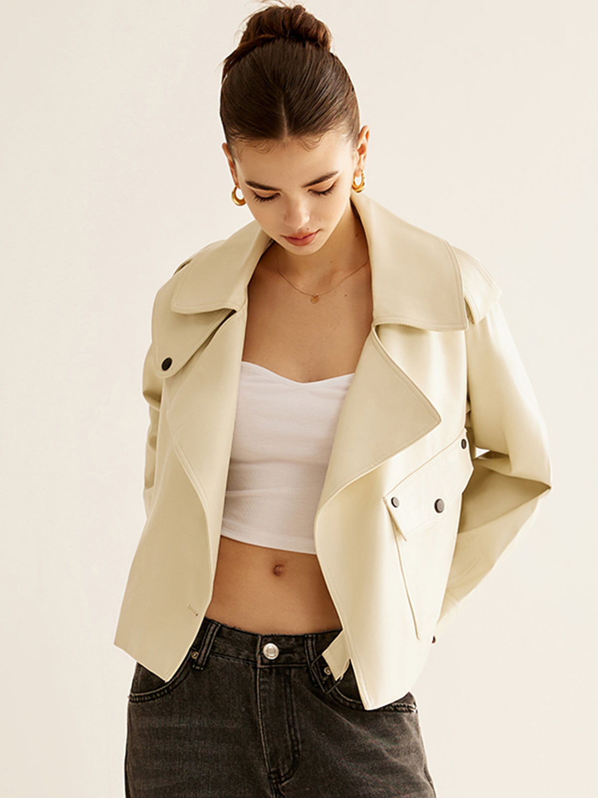 Flap-Pocket Faux Leather Jacket