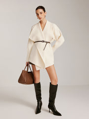 Asymmetrical Plain Belted Knit Outerwear