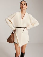 Asymmetrical Plain Belted Knit Outerwear