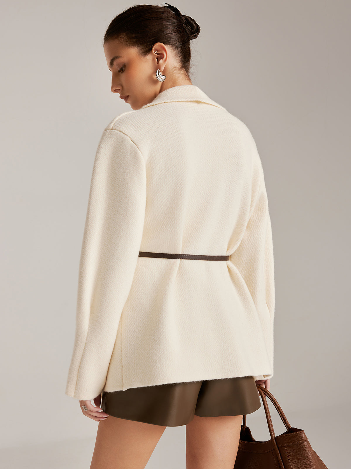 Asymmetrical Plain Belted Knit Outerwear