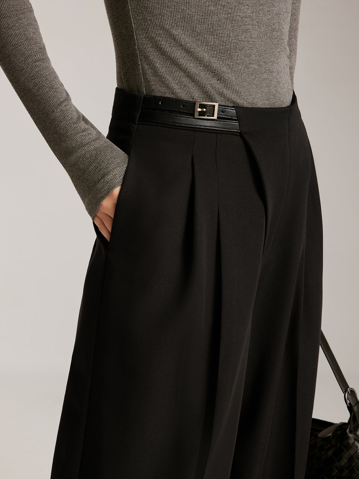 Asymmetrical Buckle Belted Pleated Pants