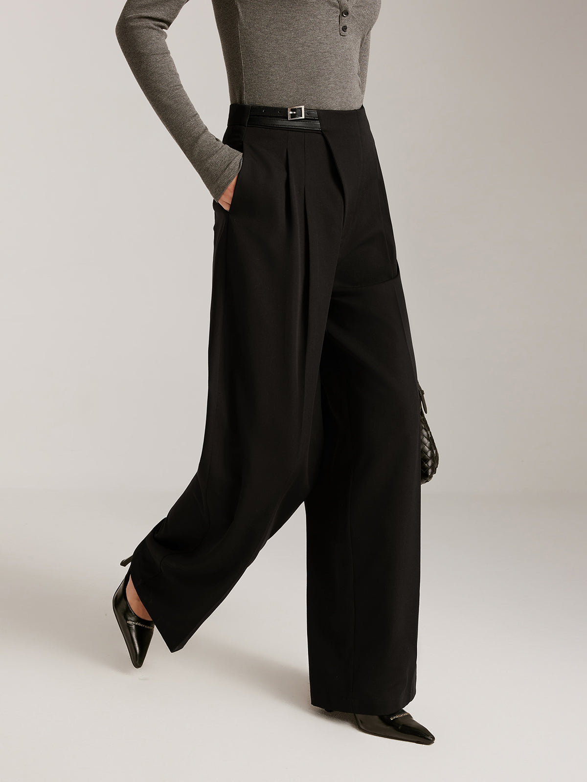 Asymmetrical Buckle Belted Pleated Pants