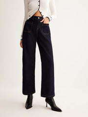 Retro Contrast Topstitching Straight Pants